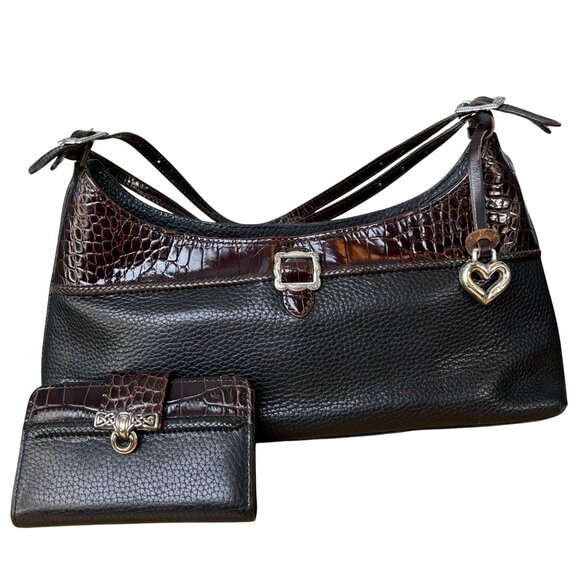 Brighton Designer Black Pebbled Leather & Brown Croc Shoulder Bag Wallet C18510 - Picture 15 of 15